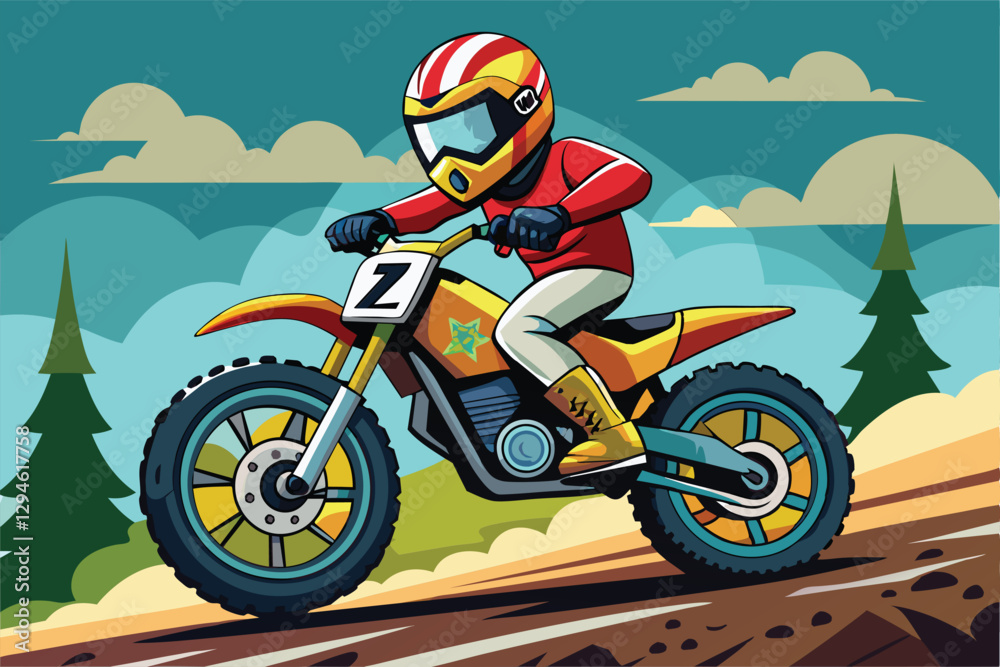 Obraz premium A motocross rider on a vibrant, customizable bike races along a dirt path surrounded by trees and hills, Motocross Customizable Cartoon Illustration