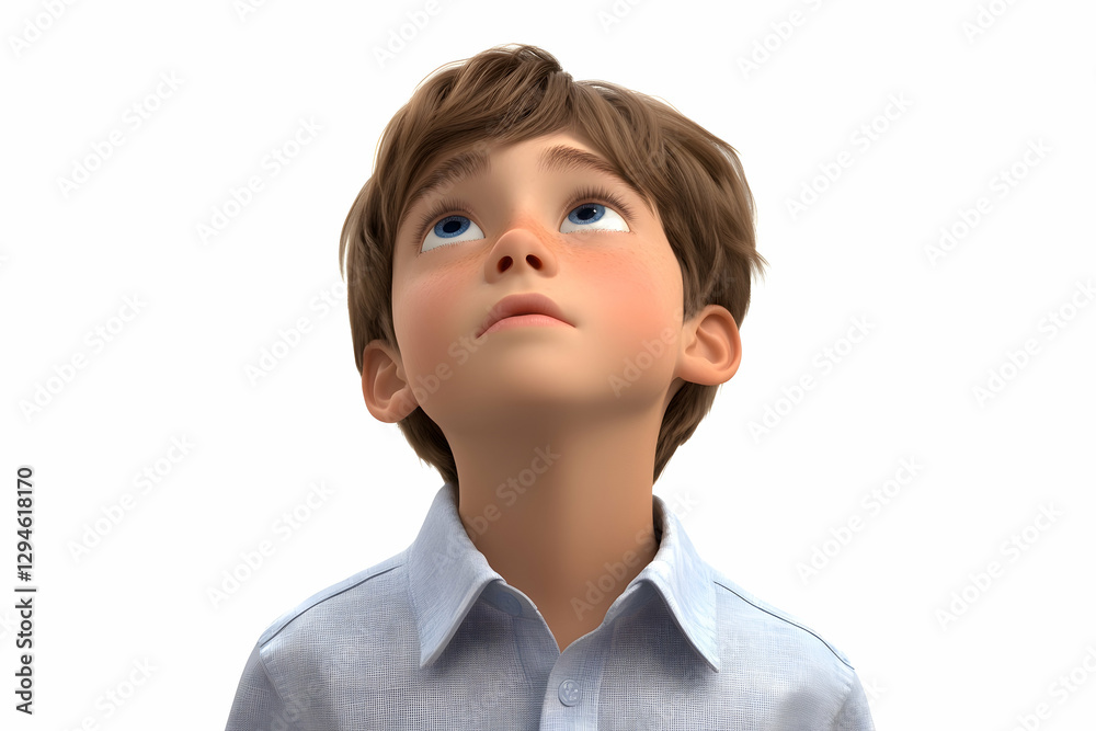 Worried young boy looking upward in 3D animated Worried young boy looking upward in 3D animated