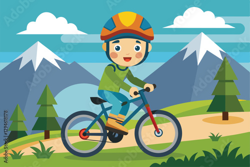 A cheerful cartoon character rides a bike on a trail surrounded by mountains and trees, enjoying the outdoors, Mountain biking Customizable Cartoon Illustration