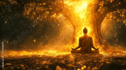 Tibetan Monk Meditating Under Tree