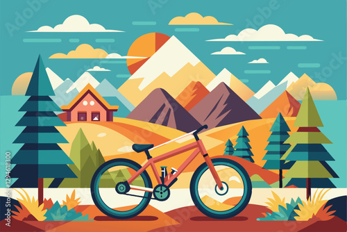 A colorful mountain biking scene showcases a bike surrounded by lush trees and mountains at sunset, Mountain biking Customizable Semi Flat Illustration