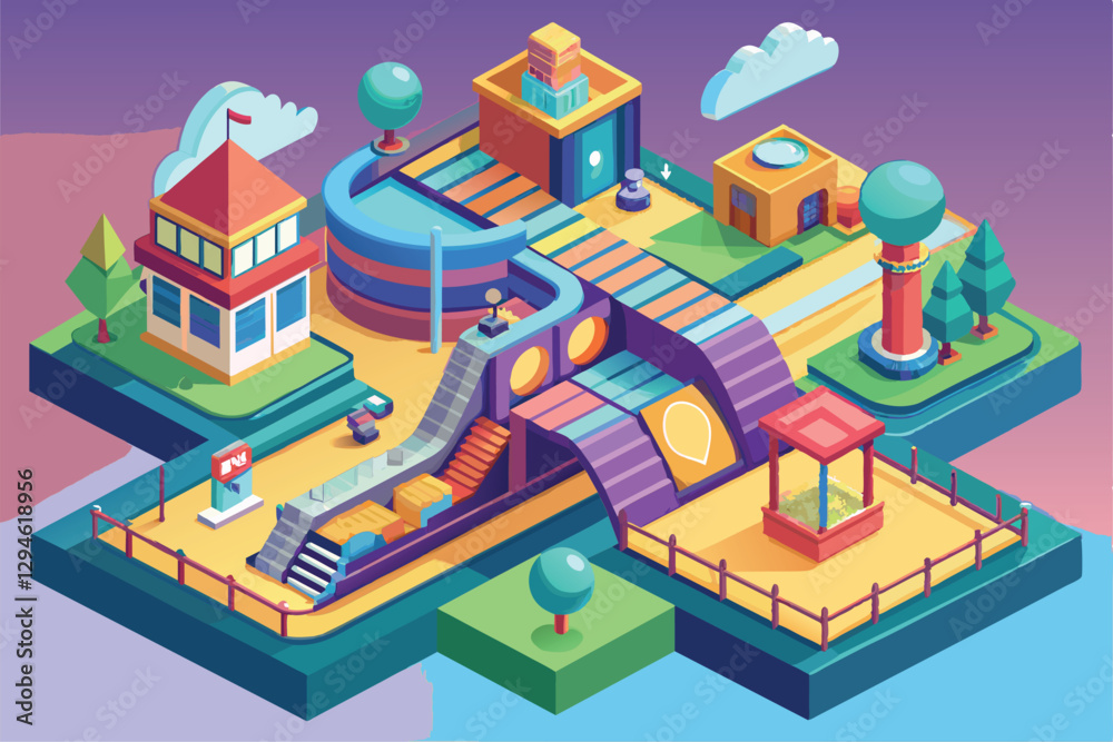 Obraz premium Explore a lively isometric scene featuring colorful buildings, pathways, and green spaces in a whimsical setting, Moving Customizable Isometric Illustration