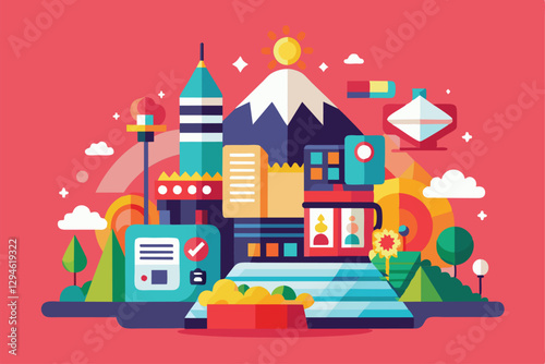 A vibrant, customizable town illustration featuring colorful buildings, mountains, and a bright sun overhead, Moving forward Customizable Semi Flat Illustration