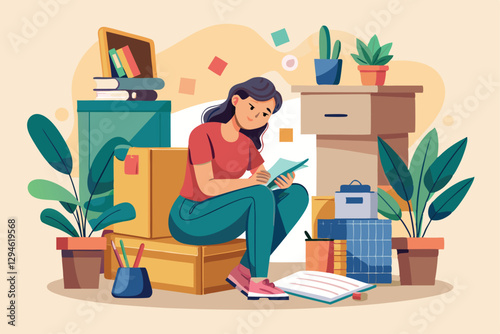A woman sits on a box, writing notes while surrounded by plants and unpacked boxes in her new home, Moving to new house, Pen and women with furniture and boxes,
