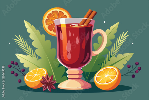 A vibrant illustration features mulled wine garnished with spices and citrus fruits against a lush backdrop, Mulled wine Customizable Disproportionate Illustration