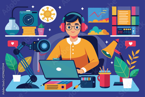 A multimedia creator focuses on content production surrounded by technology, plants, and vibrant dÃ©cor, Multimedia creator