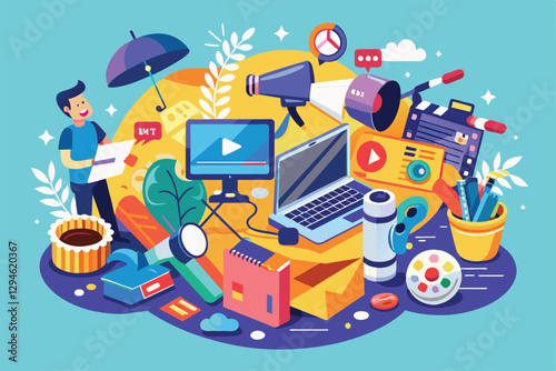 A vibrant collection of multimedia consultancy items showcases tools for creativity and project development, Multimedia industry consultance