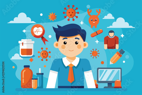 A cartoon character stands among symbols of health, illustrating multiple sclerosis and related topics creatively, Multiple sclerosis Customizable Cartoon Illustration