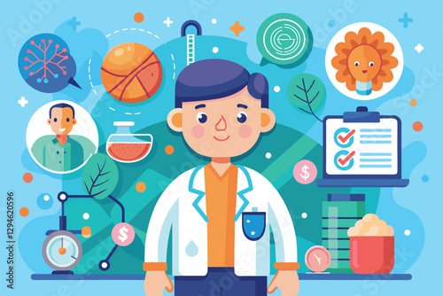 A cheerful doctor stands surrounded by symbols of multiple sclerosis awareness and health tools, Multiple sclerosis Customizable Cartoon Illustration