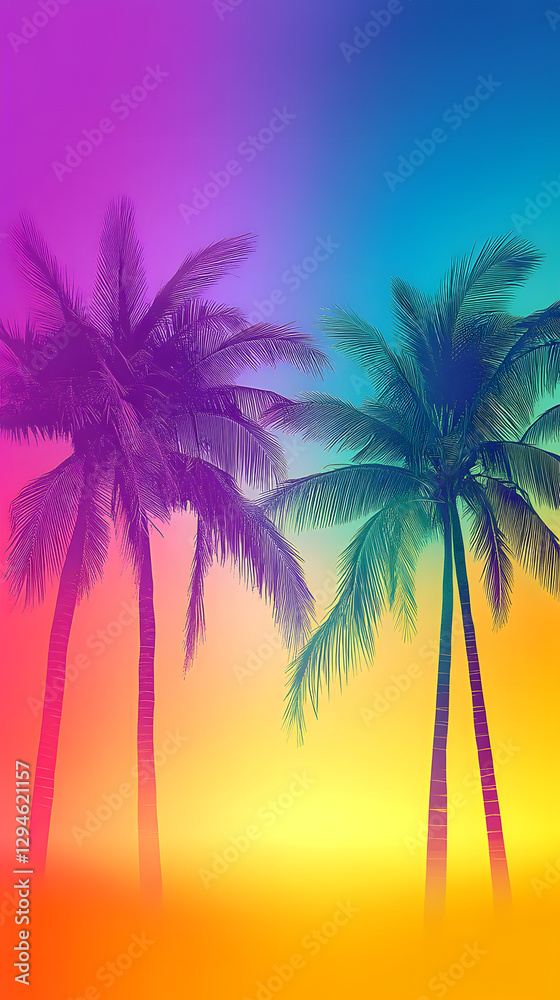 Vector illustration of a sunset with palm trees, using simple shapes and a colorful gradient
Vector illustration of a sunset with palm trees, using simple shapes and a colorful gradient