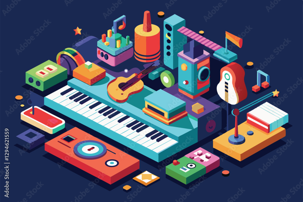 A colorful isometric view showcases diverse musical instruments and equipment arranged creatively for customization, Music Customizable Isometric Illustration A colorful isometric view showcases diverse musical instruments and equipment arranged creatively for customization, Music Customizable Isometric Illustration
