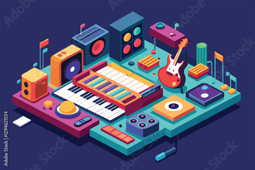 This vibrant illustration features a range of music equipment, including instruments and sound devices, Music Customizable Isometric Illustration