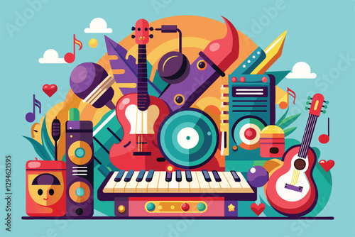 A variety of customizable musical instruments are creatively arranged with vibrant colors and shapes, Music Customizable Semi Flat Illustration
