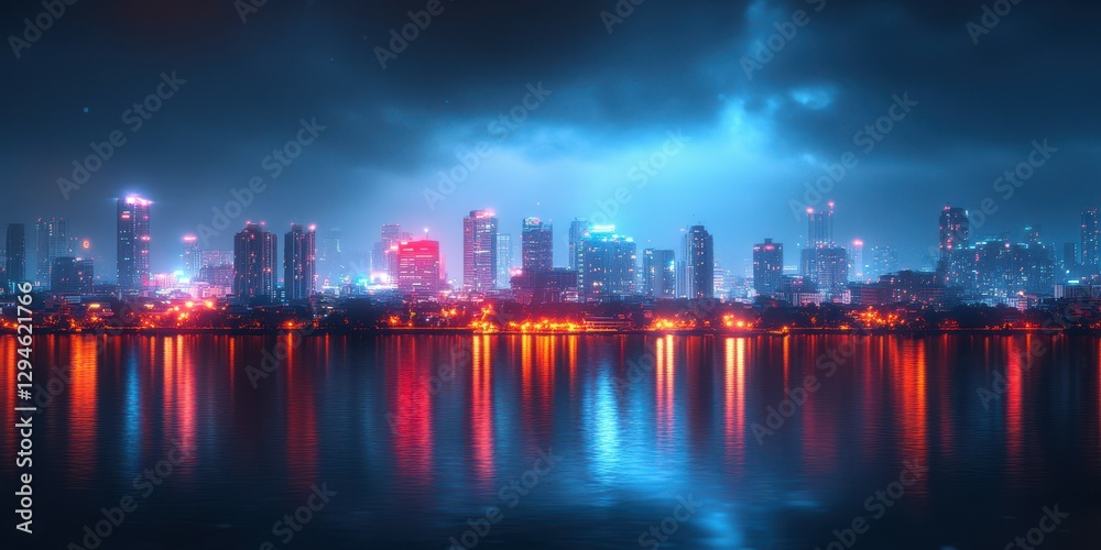 Fototapeta premium Skyscrapers illuminated by city lights reflected on water under a moody night sky