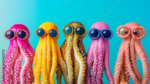 A creative animal concept featuring a group of octopuses dressed in funky, wacky, and wildly mismatched colorful outfits against a vibrant background
