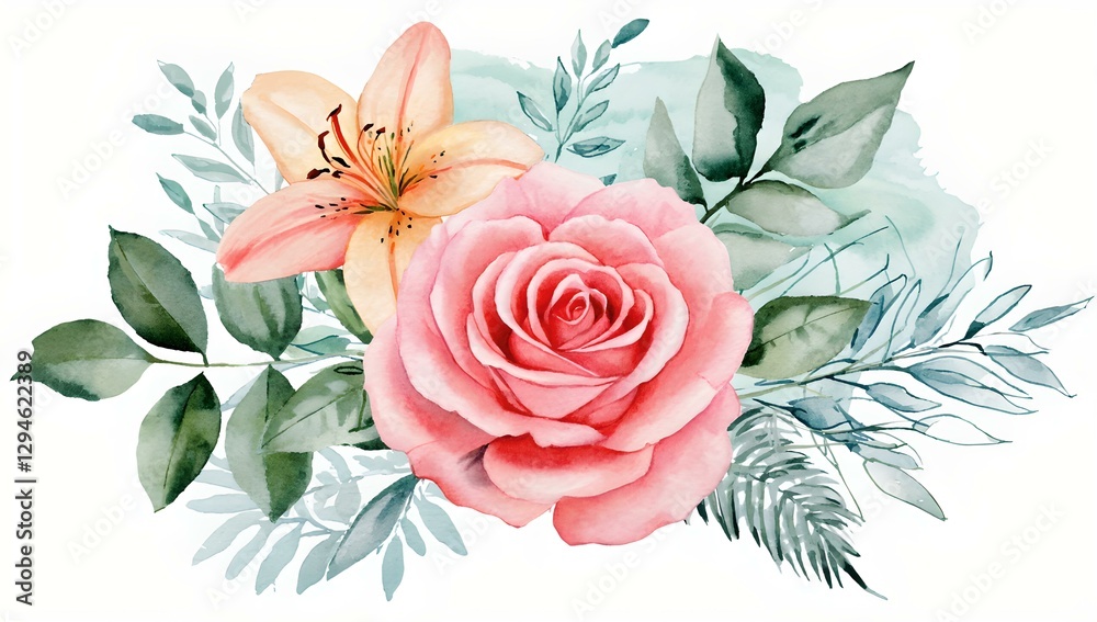 Fototapeta premium ピンクのバラとユリの水彩フラワーアレンジメント | Watercolor Floral Arrangement with Pink Rose and Lily