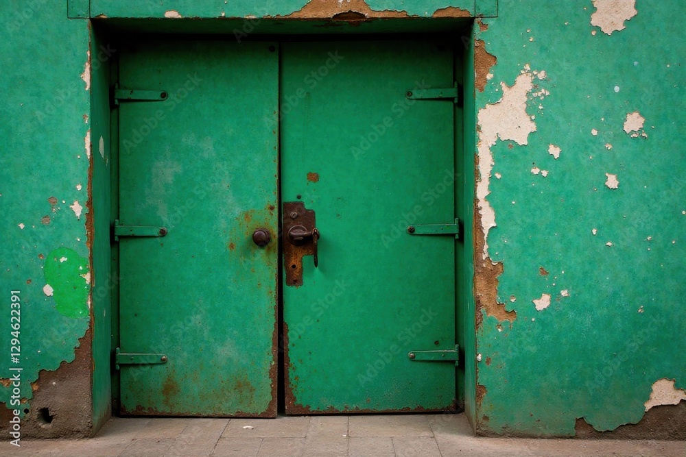 A weathered teal double door set within a crumbling wall, showing signs of age and decay A weathered teal double door set within a crumbling wall, showing signs of age and decay