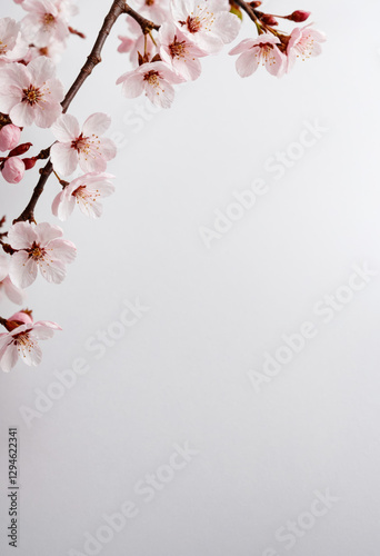 Cherry blossom border on a blank white background with space for text or product. Floral frame on a flat backdrop for product placement, montage, promotion, advertising, mock-up. 	
