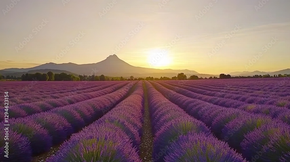 Sunrise over Lavender Fields, Mountain Background Sunrise over Lavender Fields, Mountain Background