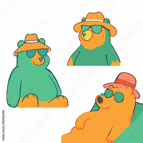 colorful abstract illustration featuring partial view of cartoon character with hat and bear like figure on transparency background. playful design uses bold outlines and vibrant colors