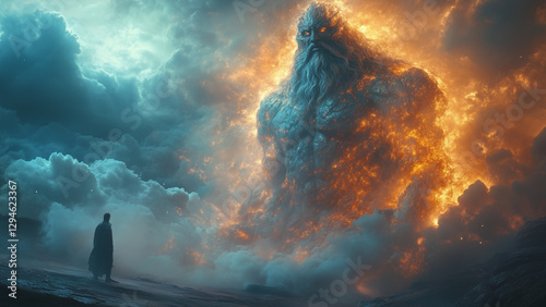 A demigod wields a colossal hammer, shattering a titan’s stone armor in an epic battle among the clouds generative AI