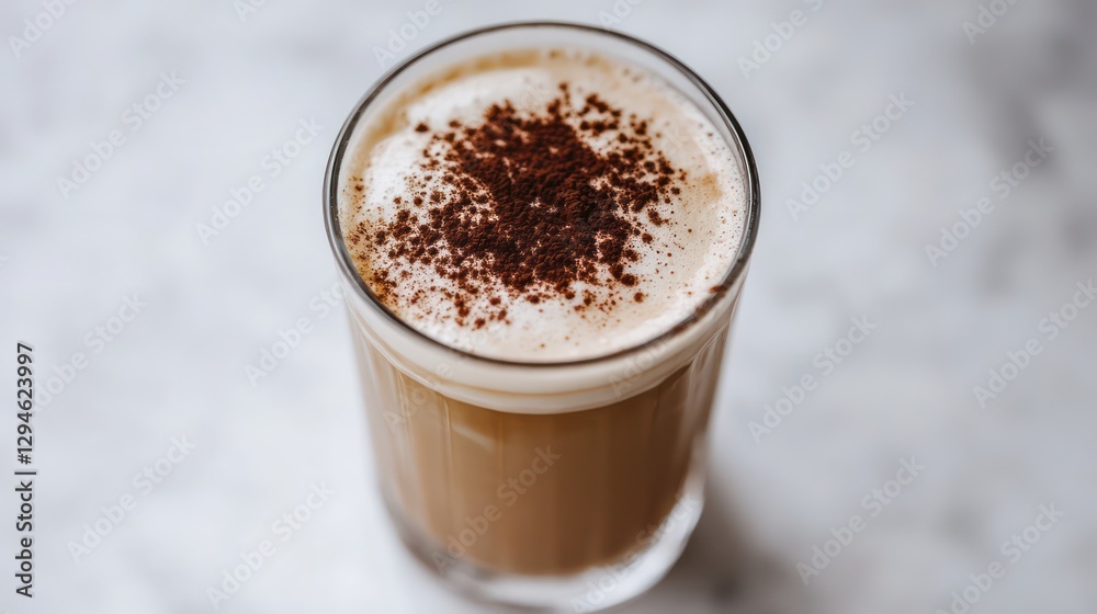 A high-angle shot of a classic iced cappuccino in a tall glass, with thick frothy foam on top and a dusting of cocoa powder A high-angle shot of a classic iced cappuccino in a tall glass, with thick frothy foam on top and a dusting of cocoa powder