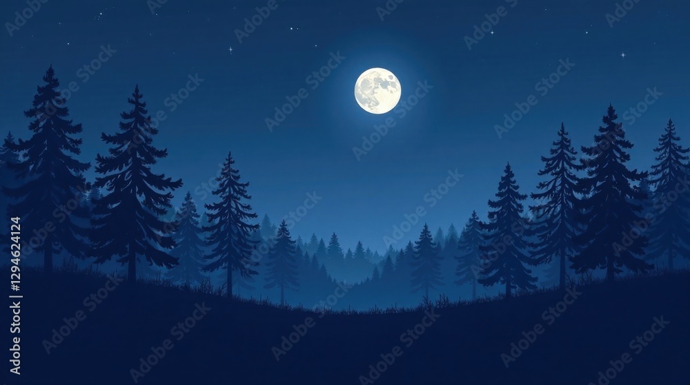 Naklejka premium Serene Nighttime Forest Landscape Under a Full Moon's Gentle Glow