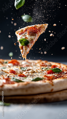 A slice of pizza garnished with basil leaves is suspended in mid-air, accompanied by flying cheese and spices. The background is dark, emphasizing the vibrant colors of the ingredients.