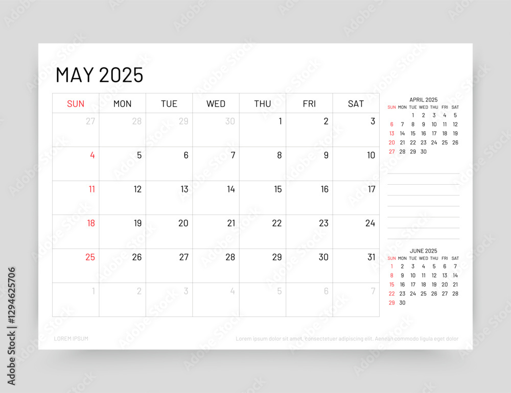 Calendar for May 2025 year. Planner calender template. Monthly organizer. Desk corporate diary. Timetable layout. Schedule planer grid. Week starts Sunday. Vector simple illustration. Paper size A5 Calendar for May 2025 year. Planner calender template. Monthly organizer. Desk corporate diary. Timetable layout. Schedule planer grid. Week starts Sunday. Vector simple illustration. Paper size A5