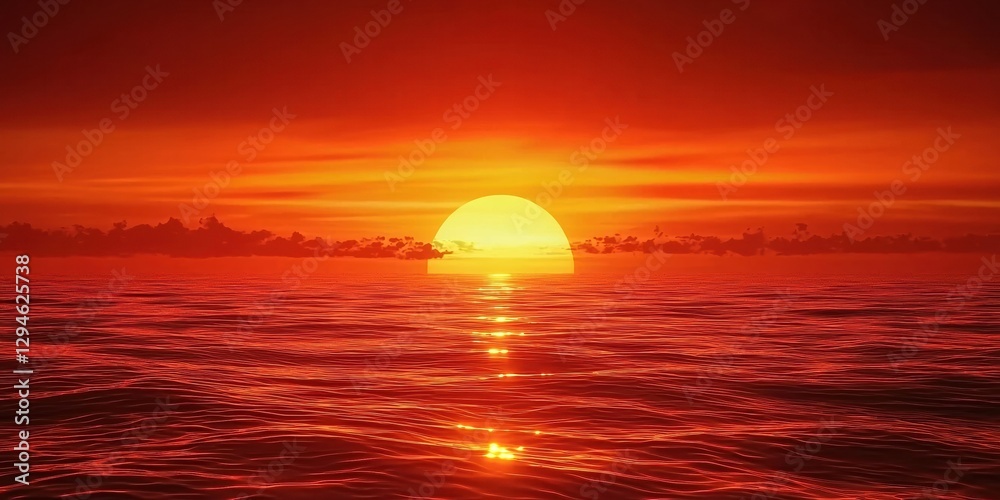 Red sunset over the ocean, with a large sun setting in the background Red sunset over the ocean, with a large sun setting in the background