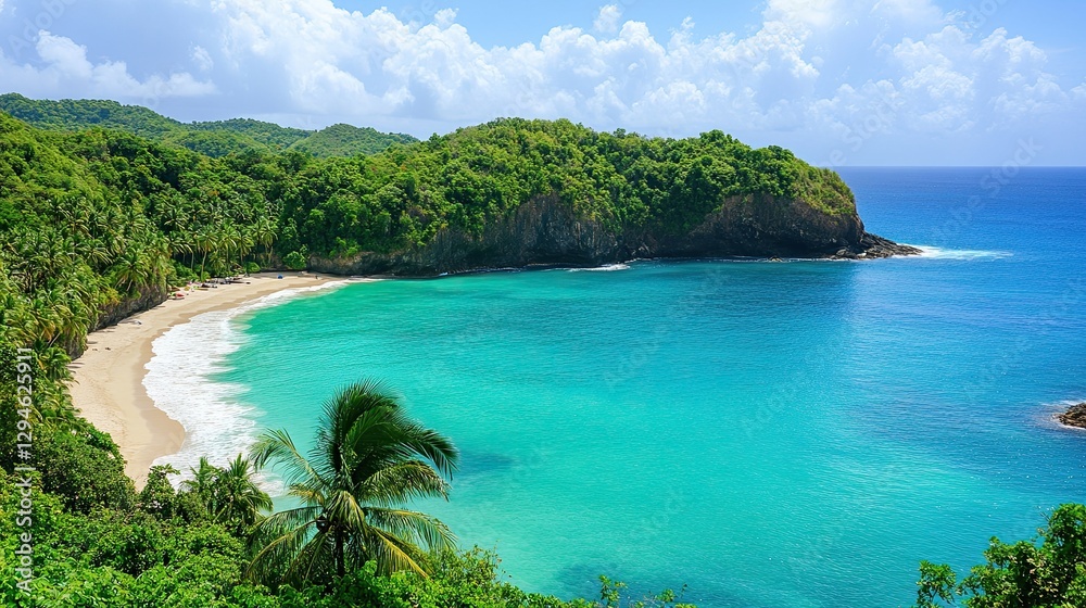 Secluded tropical beach cove, turquoise water, lush green hills, sunny sky Secluded tropical beach cove, turquoise water, lush green hills, sunny sky
