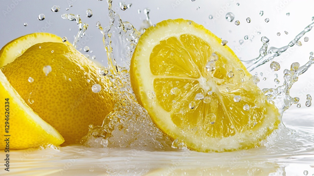 Yellow lemons splashing in water creating a refreshing scene Yellow lemons splashing in water creating a refreshing scene