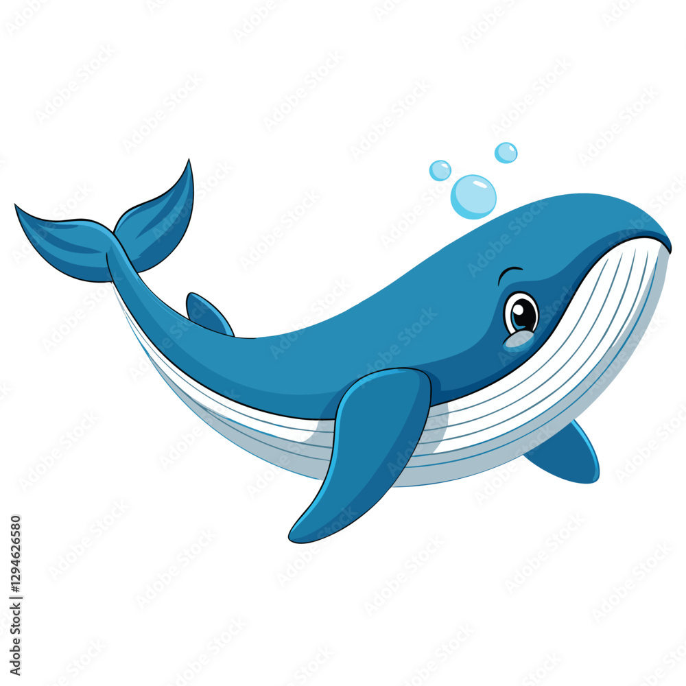Naklejka premium Cute blue whale cartoon flat vector illustration isolated on white background
