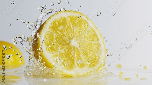 A lemon slice impacted creating a water splash in the photograph