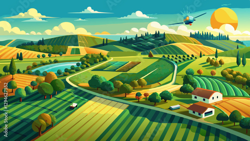 Aerial drone acres of green fields stretching for. Sunny landscape beauty of nature harvest farms. Top view from above green grass and forest