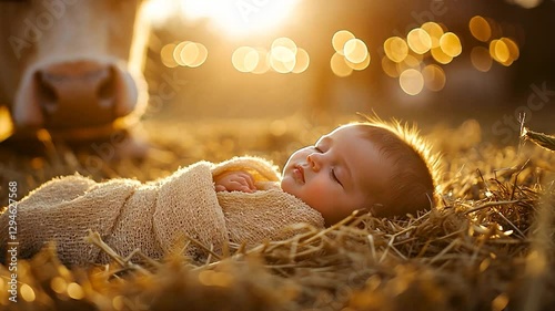 Baby Sleeping in Hay, Cow in Background