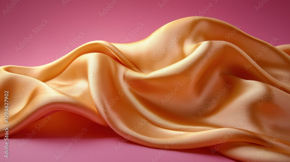 Fototapeta premium Golden silk draped on pink backdrop, studio shot