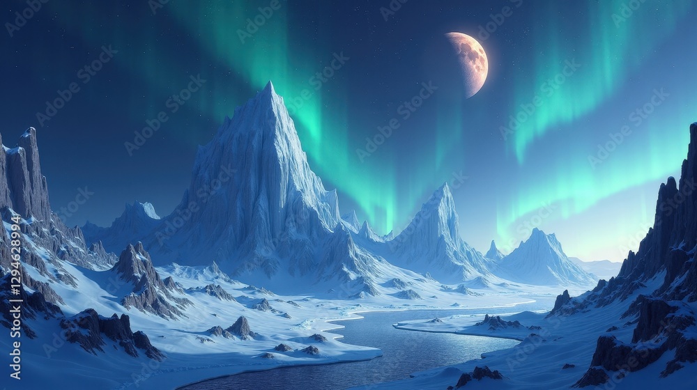 A frozen gas giant with towering ice formations, glowing auroras, and immense geysers erupting luminescent vapor, in a scene of Magical Realism. A frozen gas giant with towering ice formations, glowing auroras, and immense geysers erupting luminescent vapor, in a scene of Magical Realism.