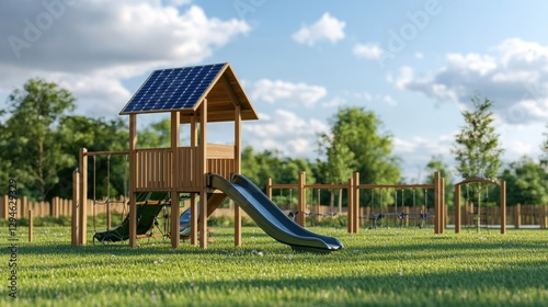 Children playing on solar-powered playground equipment local park outdoor scene sunny day