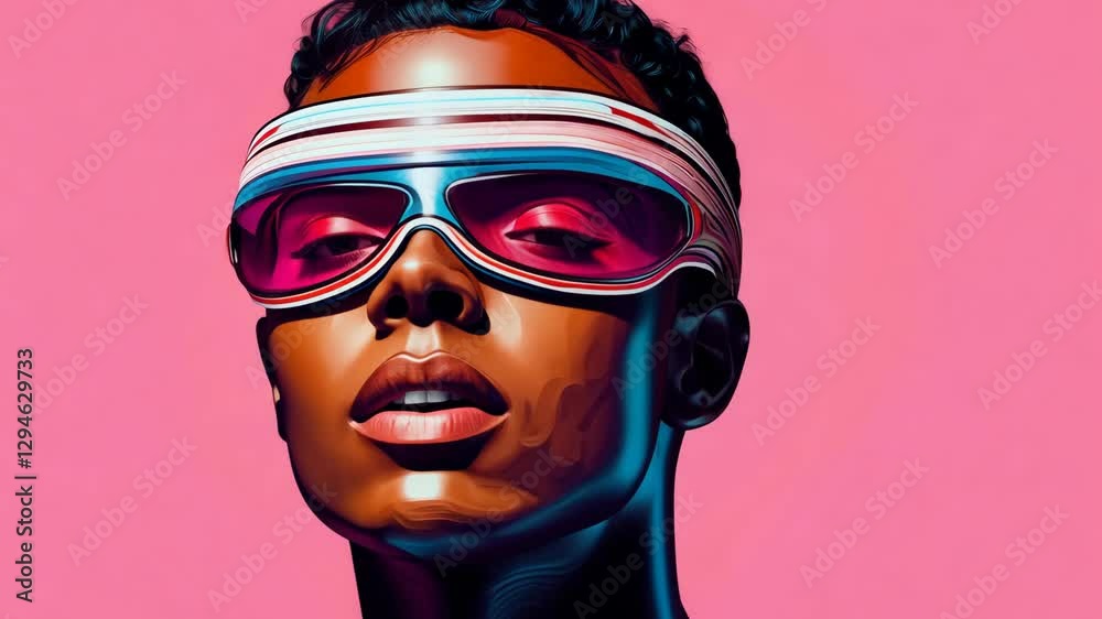 Stylish individual wearing colorful goggles against a vibrant pink background, reflecting a modern aesthetic in a creative urban setting Stylish individual wearing colorful goggles against a vibrant pink background, reflecting a modern aesthetic in a creative urban setting
