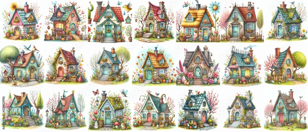 Watercolor Spring House. AI generated illustration