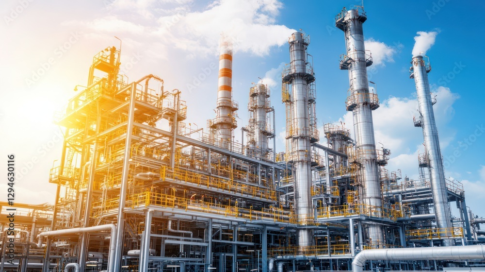 Fototapeta premium Industrial complex with smokestacks under blue sky