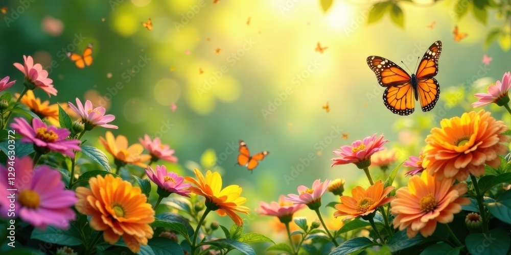 Serene Springtime Garden with Vibrant Blossoms and Graceful Butterflies Dancing in the Gentle Sunlight Serene Springtime Garden with Vibrant Blossoms and Graceful Butterflies Dancing in the Gentle Sunlight