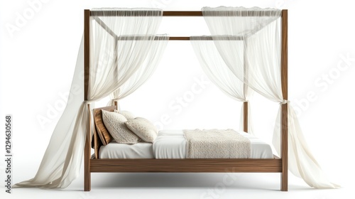 A luxurious canopy bed with a sleek modern frame, light sheer curtains flowing from the top, and a soft bedspread