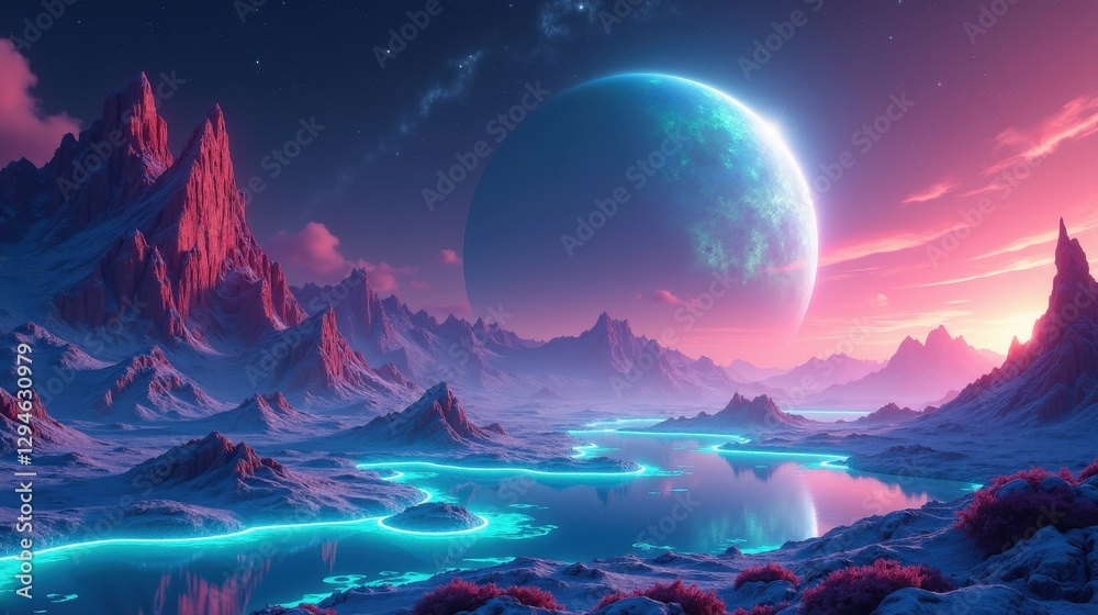 Fototapeta premium A surreal planet with liquid crystal oceans, glowing fractal landmasses, and neon auroras illuminating the endless sky in a magical, dreamlike atmosphere.