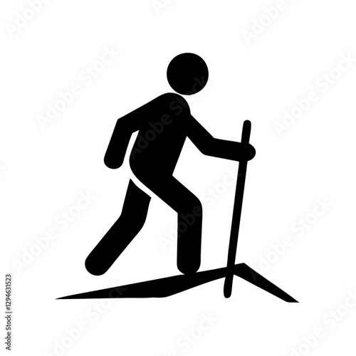 a minimalist black icon of a person hiking up a trail with a walking stick. The icon has a simple, clean design.