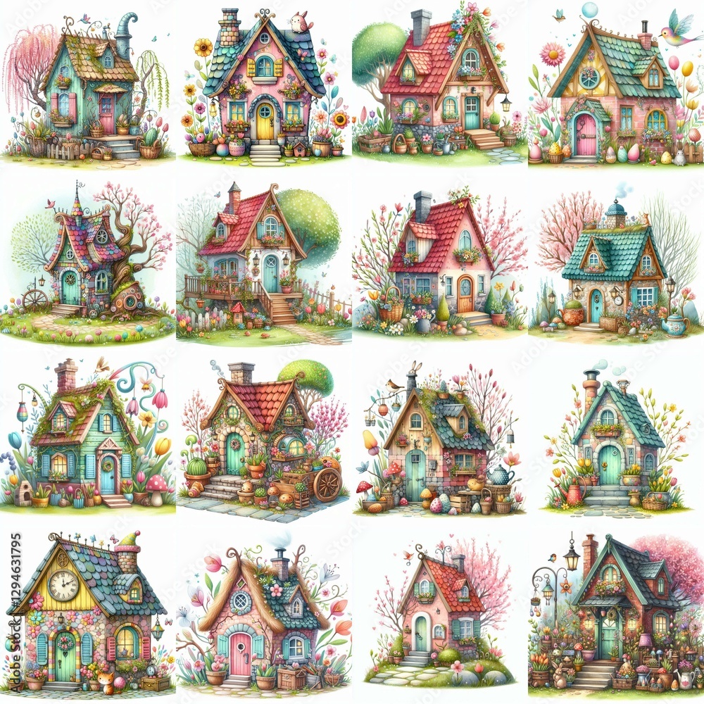 Obraz premium Watercolor Spring House. AI generated illustration