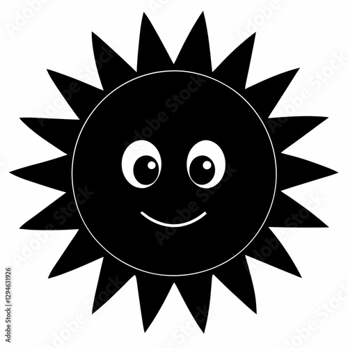 A cute, cartoon-like sun with a smiling face and spiky rays, perfect for adding a touch of joy to any design. The sun is black and has a simple, minimalist style