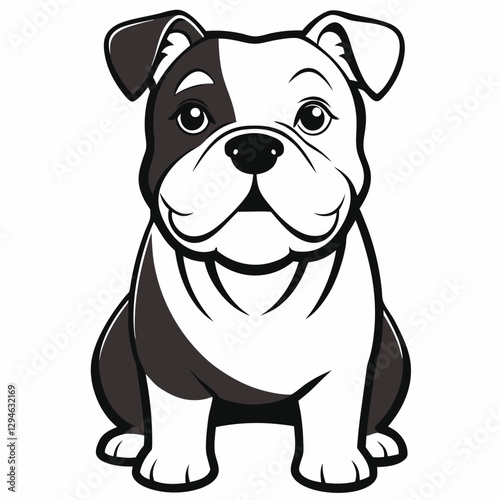 a charming cartoon of a sitting bulldog with a playful expression 
