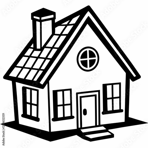 a simple black and white illustration of a house with a chimney, windows, and a front door, representing home ownership and real estate concepts.